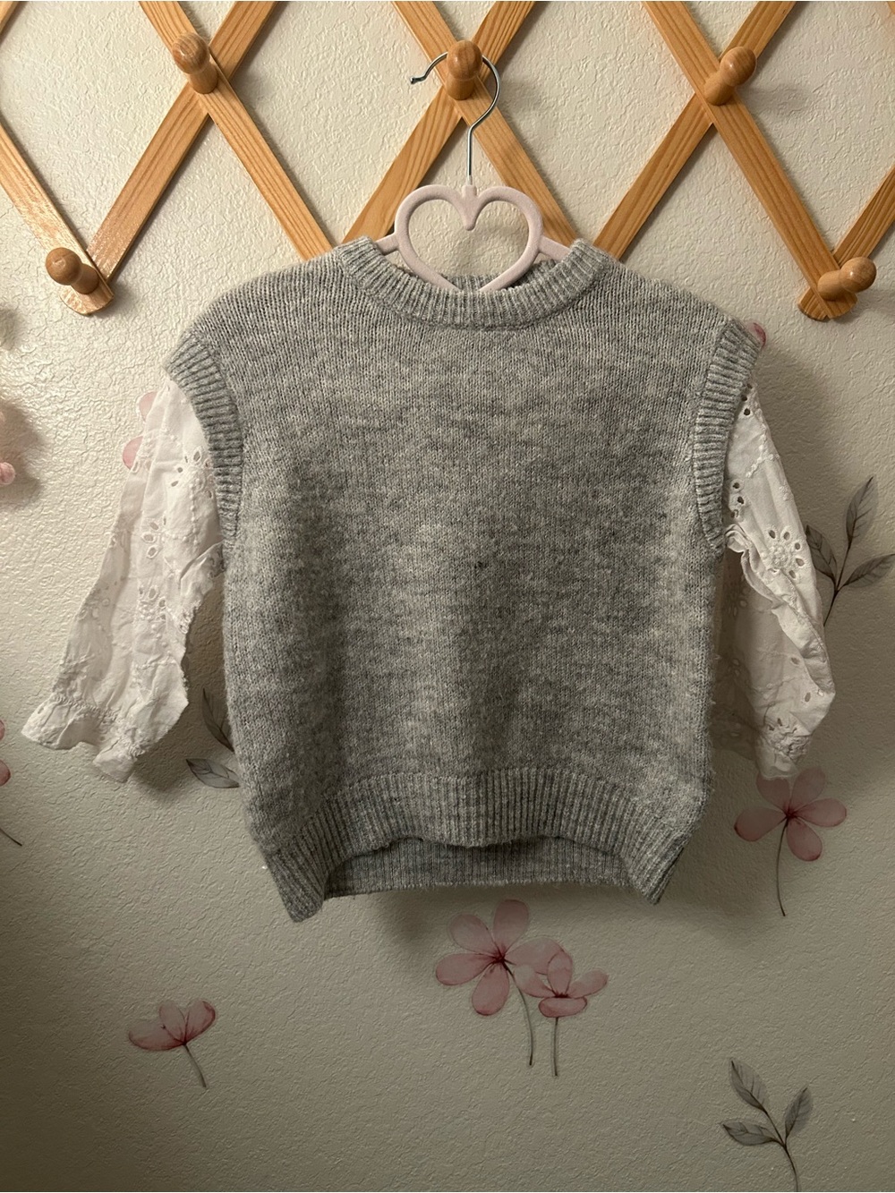 Zara Gray Knit Sleeveless Sweater Vest with White Eyelet Sleeves